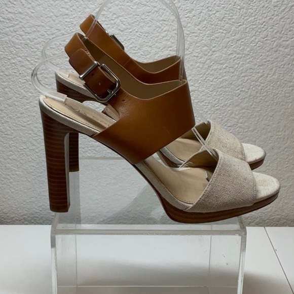 VIA SPIGA Leather Ankle Strap Sandal Tan Linen Color Block Size 9 - Picture 5 of 8
